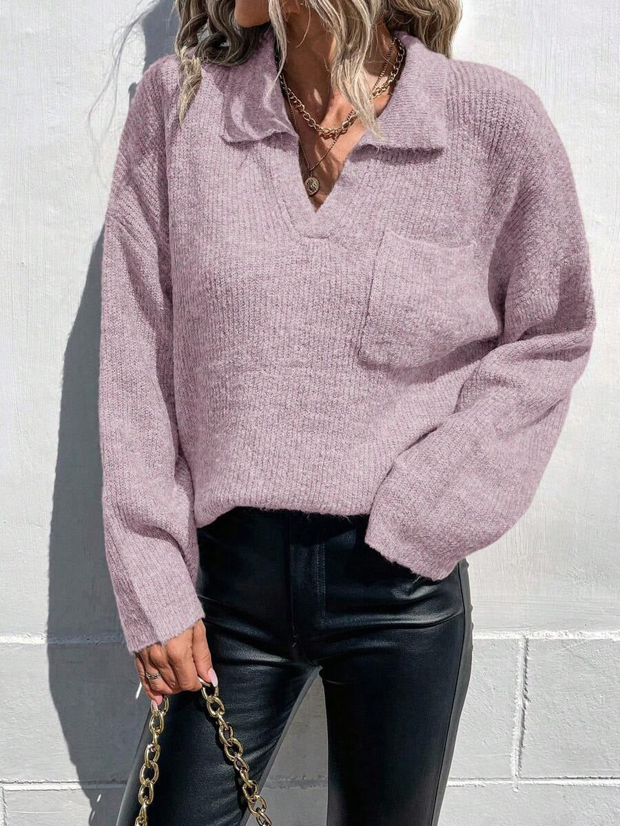 Damen Sportlicher Pullover mit modernem V-Ausschnitt und praktischer Brusttasche Drune
