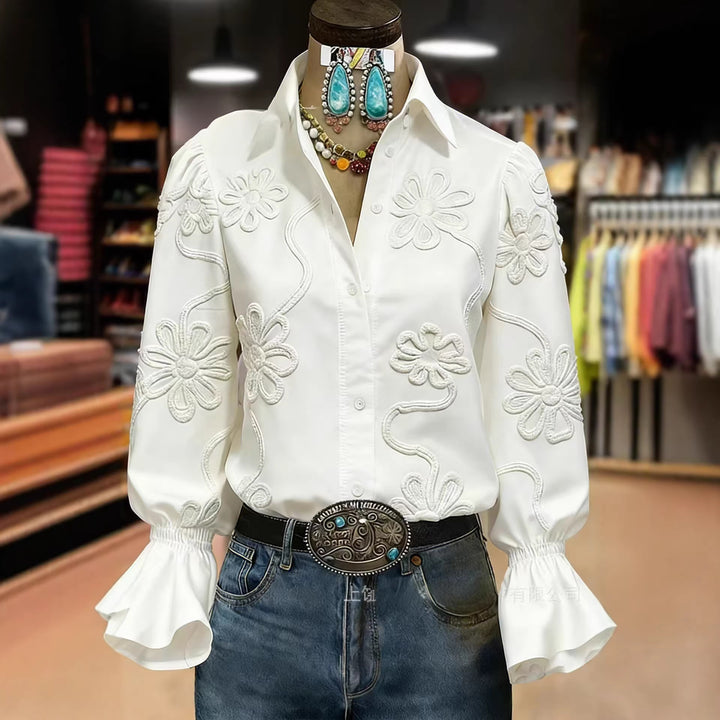 Damen elegante Bluse mit floraler Stickerei und voluminösen Ärmeln Drune