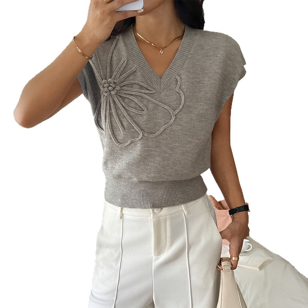 Damen eleganter V-Ausschnitt Pullover mit floralem 3D-Muster Drune