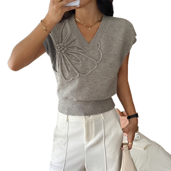 Damen eleganter V-Ausschnitt Pullover mit floralem 3D-Muster Drune