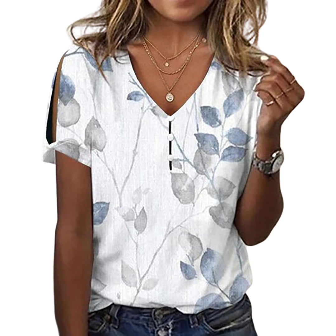 Damen Kurzarmbluse mit floralen Stickereien und Knopfdetails Drune