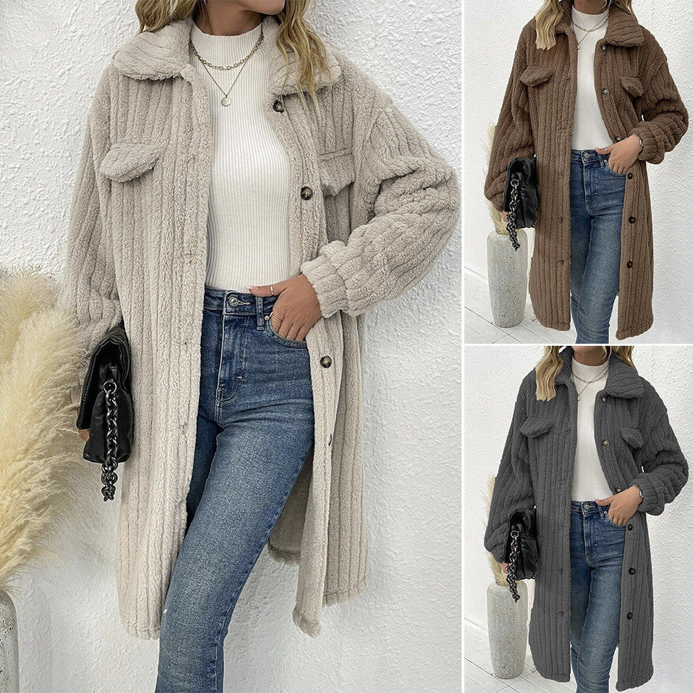Damen nan langer Teddy-Mantel mit Schalkragen und aufgesetzten Brusttaschen Drune