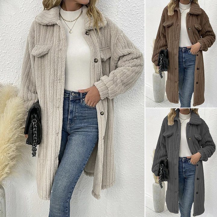 Damen nan langer Teddy-Mantel mit Schalkragen und aufgesetzten Brusttaschen Drune