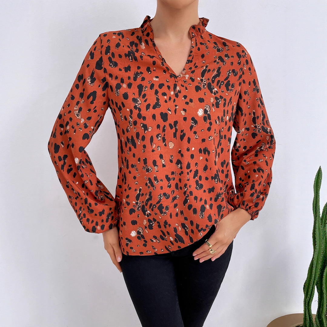 Damen Bluse mit floralem Leopardenmuster und voluminösen Ärmeln Drune