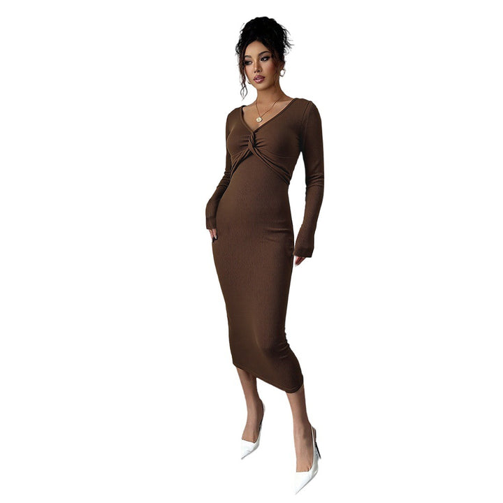 Damen figurbetontes Jersey-Midikleid mit Twist-Detail und langen Ärmeln Drune