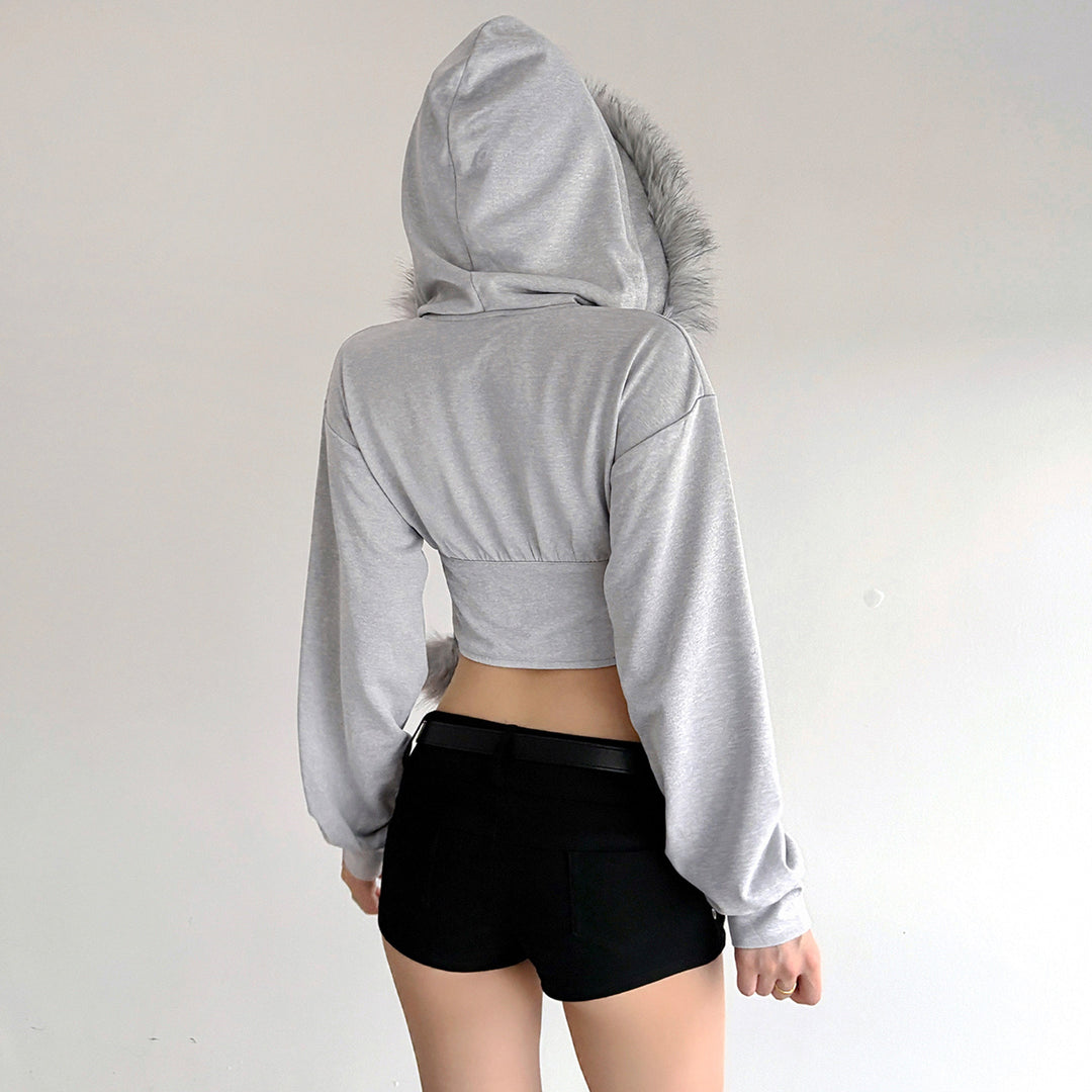 Damen nan kurzes Kapuzen‑Sweatshirt mit Kunstfellbesatz, Reißverschluss und Pompon-Kordeln Drune