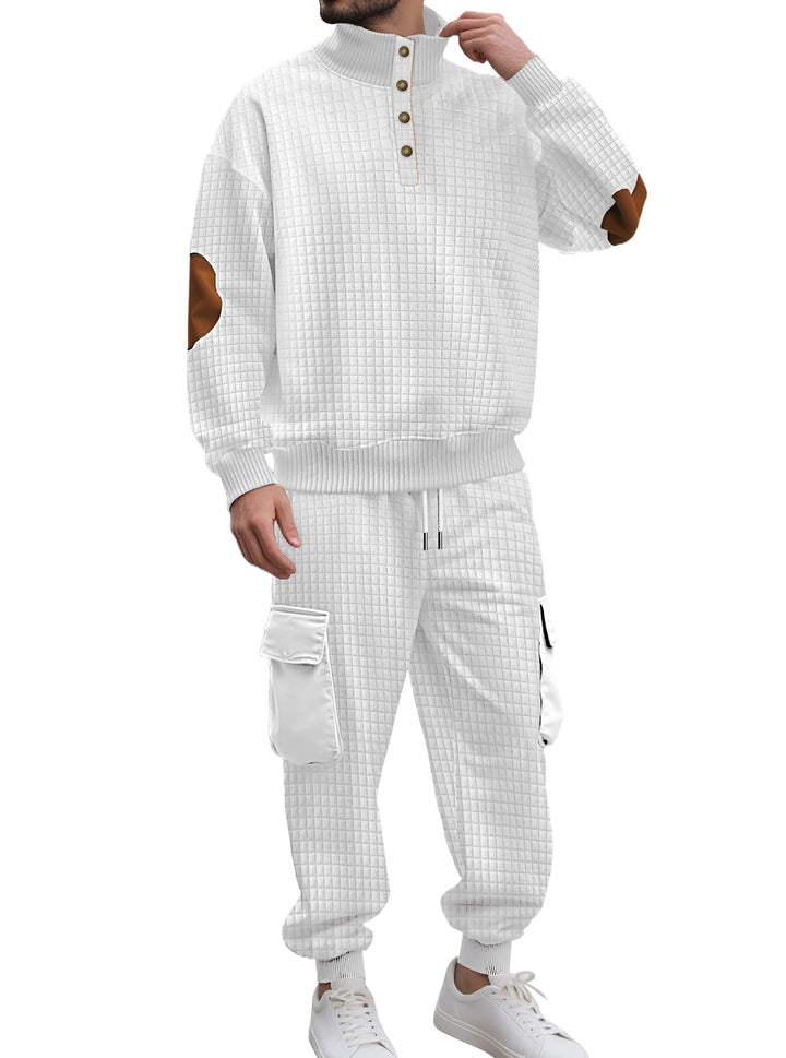 Herren nan Karo-Relief-Sweatset mit Stehkragen-Knopfleiste, Velours-Ellenbogenpatches und Cargo-Jogger Drune