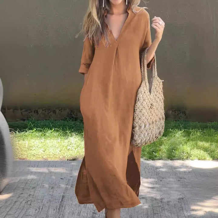 Damen Langes Leinenkleid mit V-Ausschnitt und seitlichen Schlitzen Drune