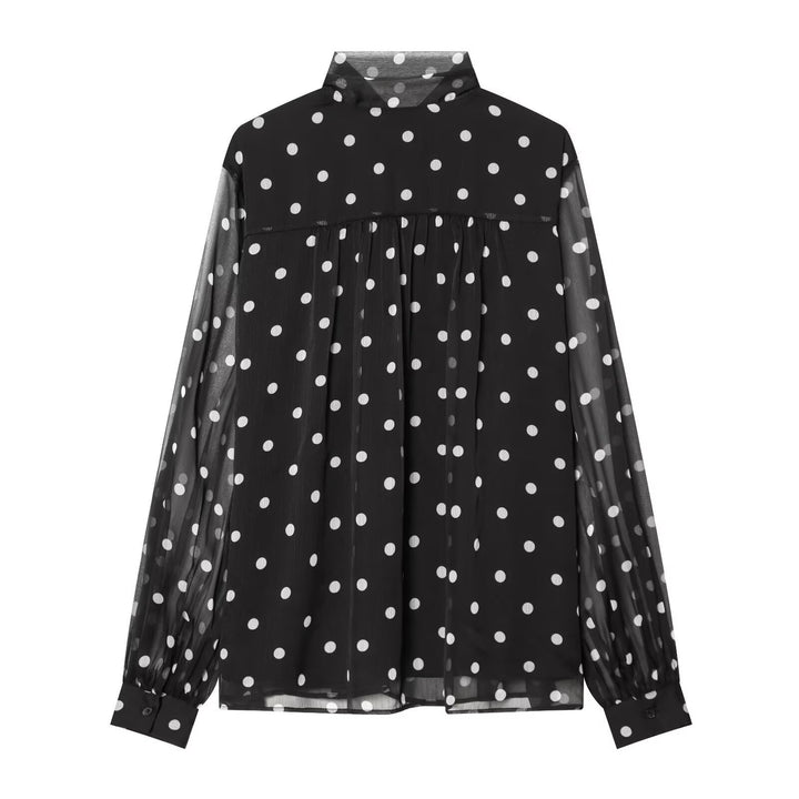 Damen transparente Bluse mit Schleifenkragen im Polka-Dot-Design Drune