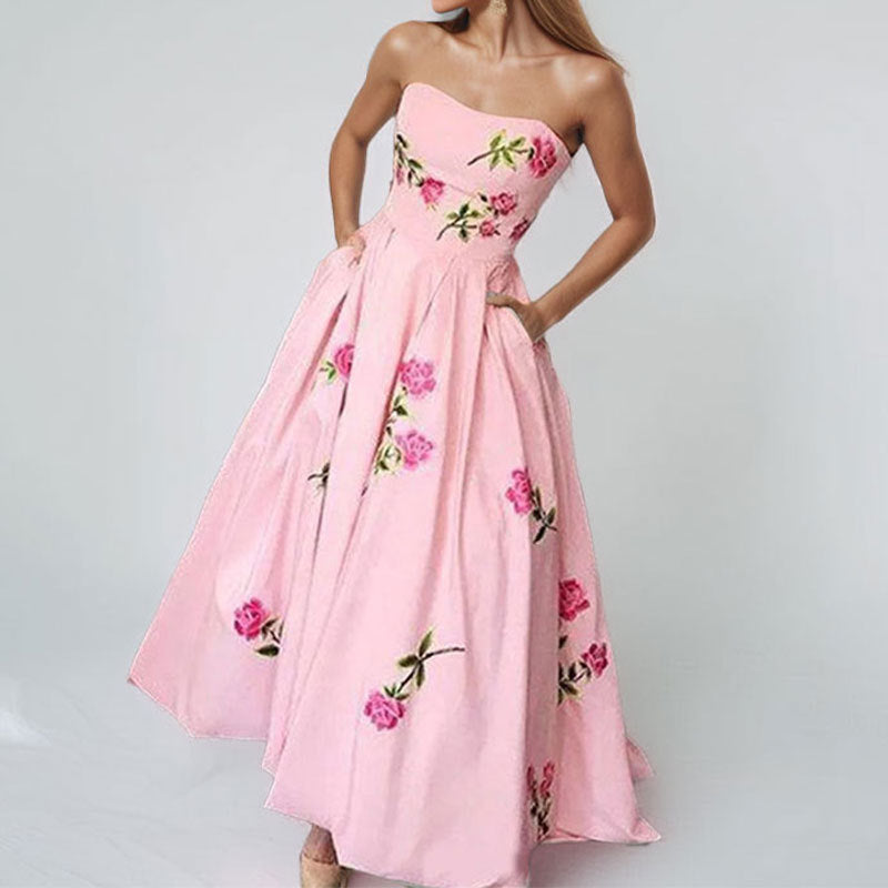 Damen Strapless Ballkleid mit eleganten Stickereien und weitem Rock Drune