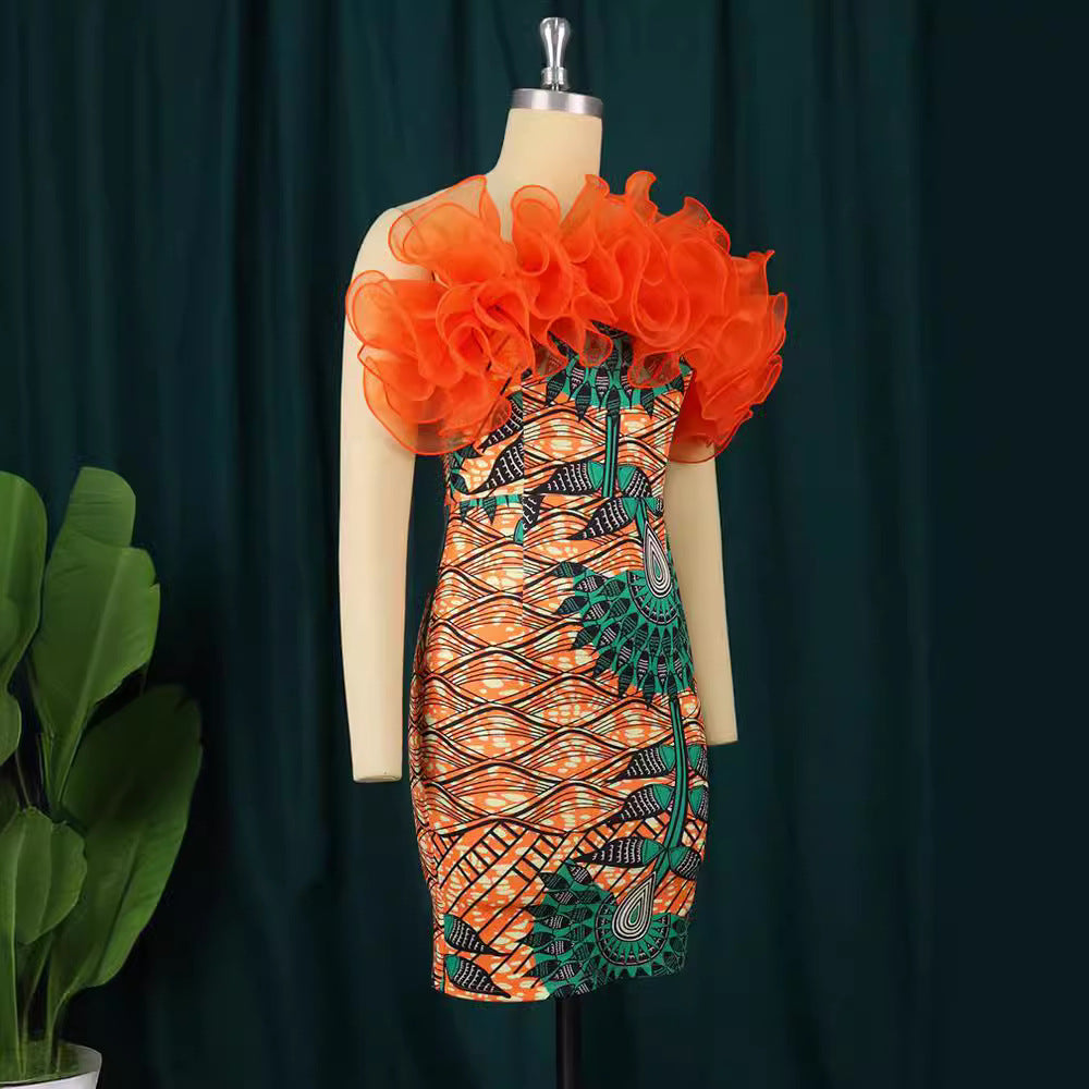 Damen figurbetontes Kleid mit voluminösen Rüschen Drune