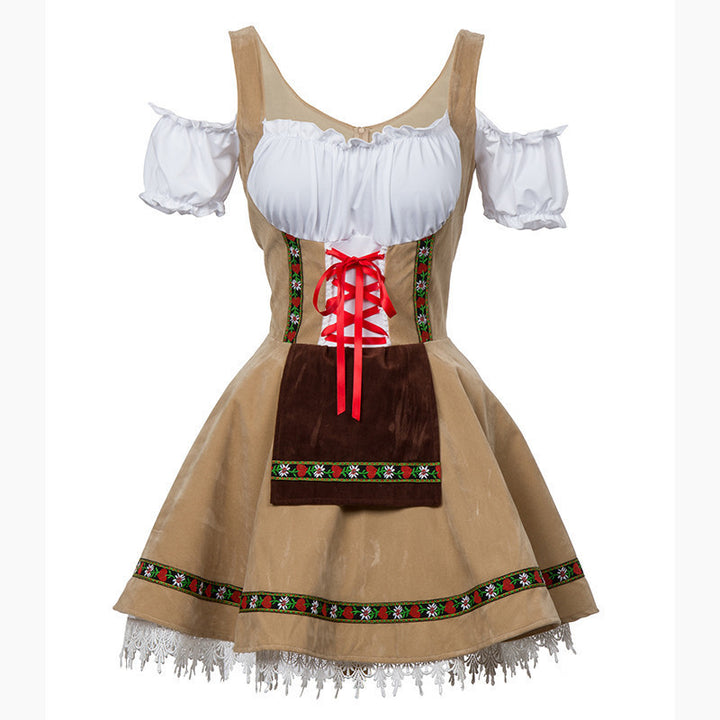 Damen nan traditionelles Oktoberfest Dirndl Kleid mit Schnürung, Schürze und Spitzenbesatz Drune