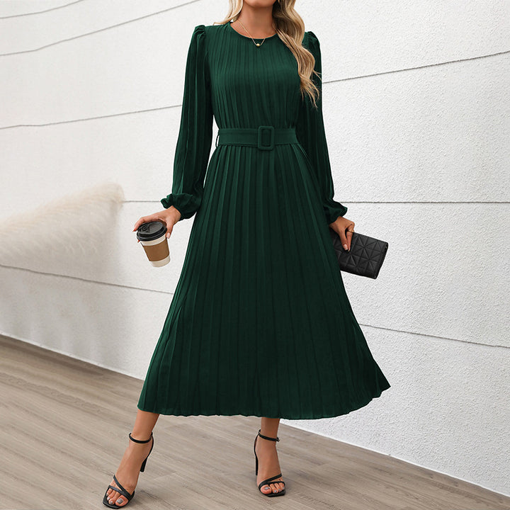 Damen Plisseekleid mit Taillengürtel und langen Ärmeln Drune