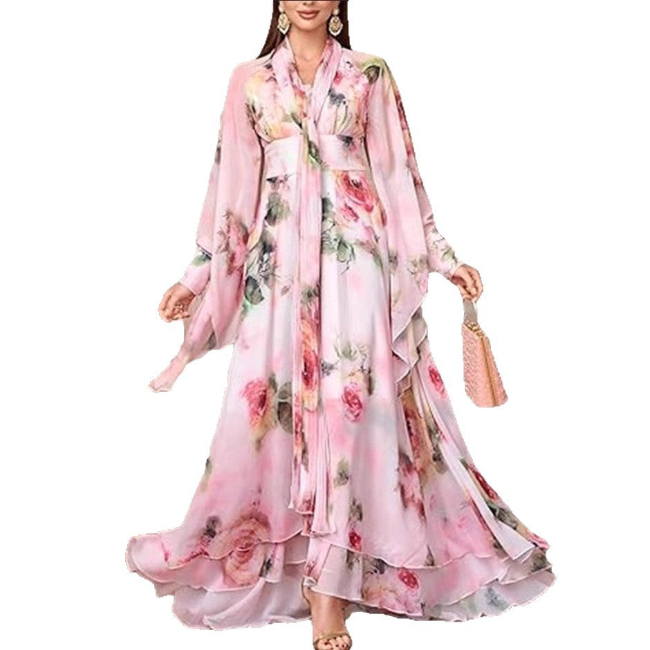 Damen Maxikleid mit eleganten Volants und floralem Design Drune
