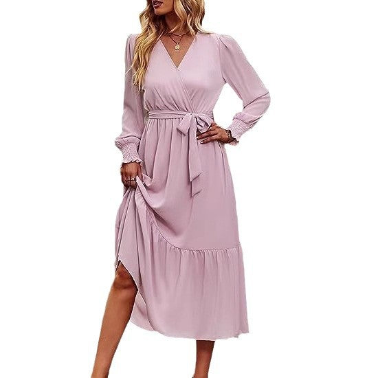 Damen Midi-Kleid mit elegantem V-Ausschnitt und Bindegürtel Drune