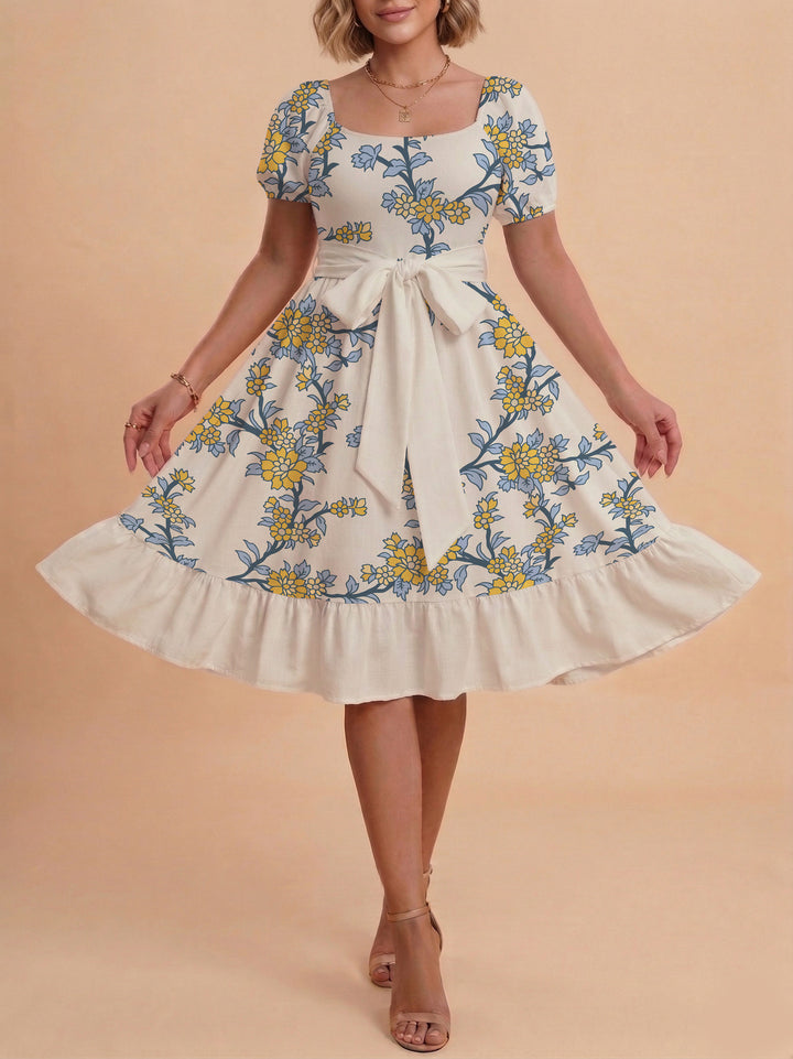 Damen Blumenkleid mit taillierbarem Gürtel und voluminösen Ärmeln Drune