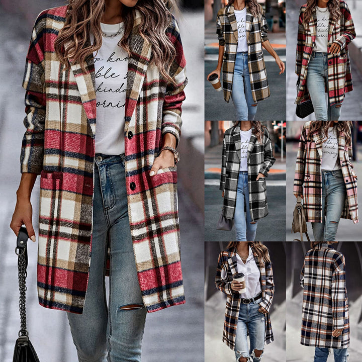 Damen Karierter Oversized-Mantel mit stilvollen Taschen und Umschlagkragen Drune