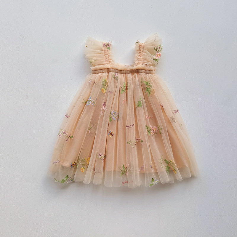 Mädchen Besticktes Tüll Partykleid mit Rüscheträgern Drune