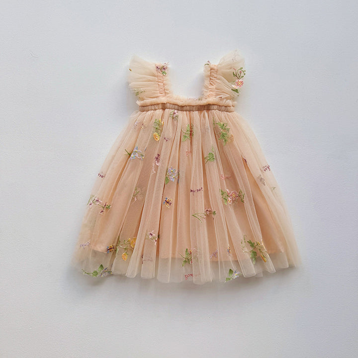 Mädchen Besticktes Tüll Partykleid mit Rüscheträgern Drune