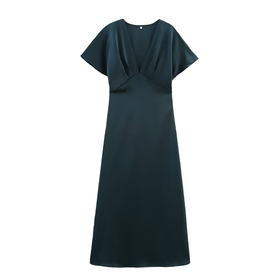 Damen Maxikleid mit elegantem V-Ausschnitt und fließendem Satin-Material Drune