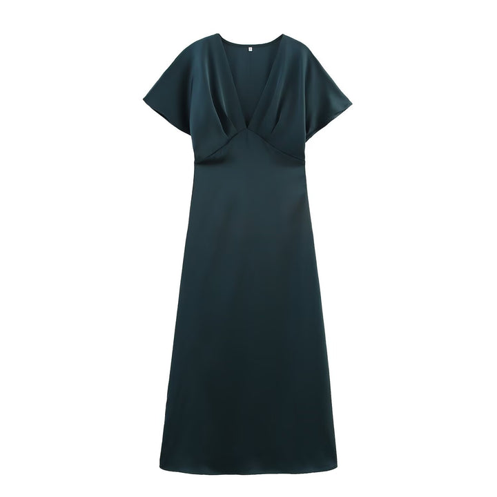 Damen Maxikleid mit elegantem V-Ausschnitt und fließendem Satin-Material Drune