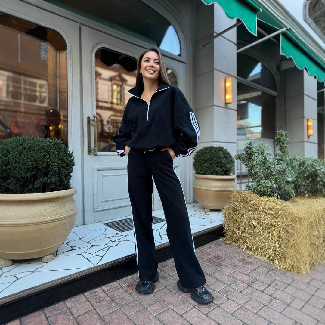 Damen Sportliches Fleece-Oberteil mit hohem Kragen und weiten Jogginghosen Drune