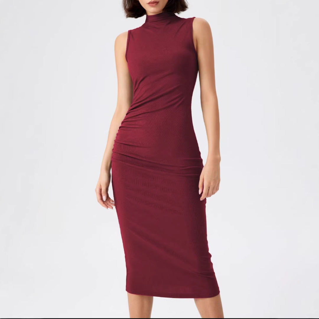 Damen elegantes Midi-Kleid mit figurbetontem Schnitt und hohem Kragen Drune