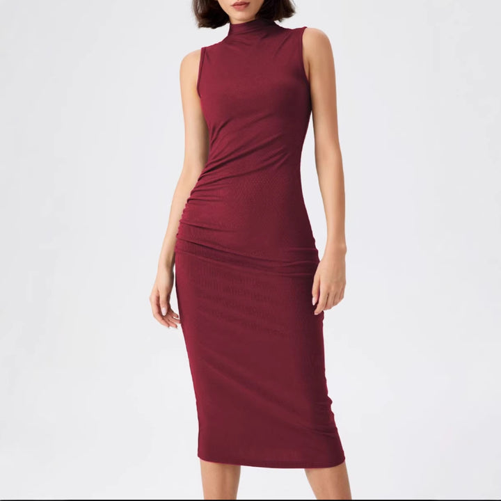 Damen elegantes Midi-Kleid mit figurbetontem Schnitt und hohem Kragen Drune