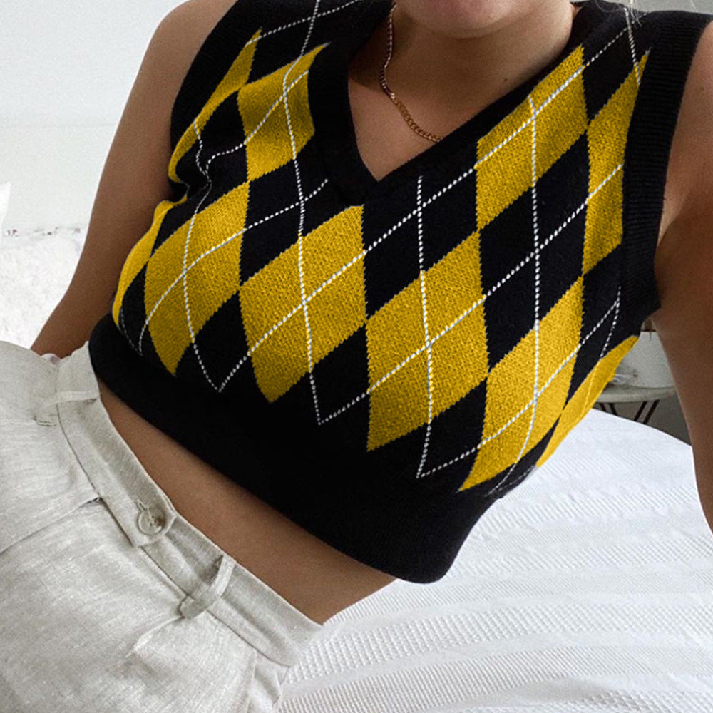 Damen cropped Stricktop mit modernem Rautenmuster Drune