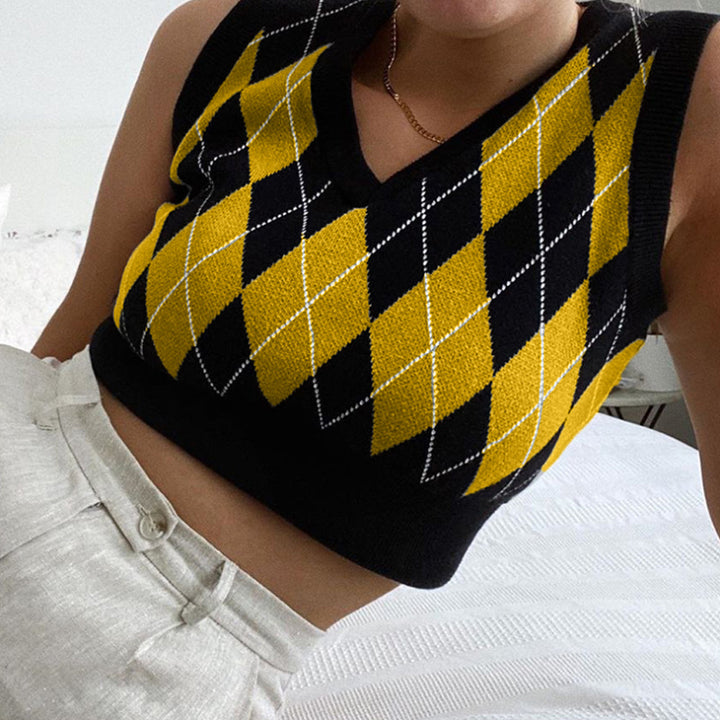 Damen cropped Stricktop mit modernem Rautenmuster Drune