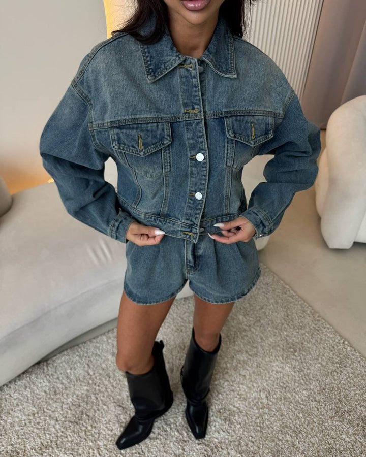 Damen Denim-Jacke mit kurzen Ärmeln und passendem Shorts Drune