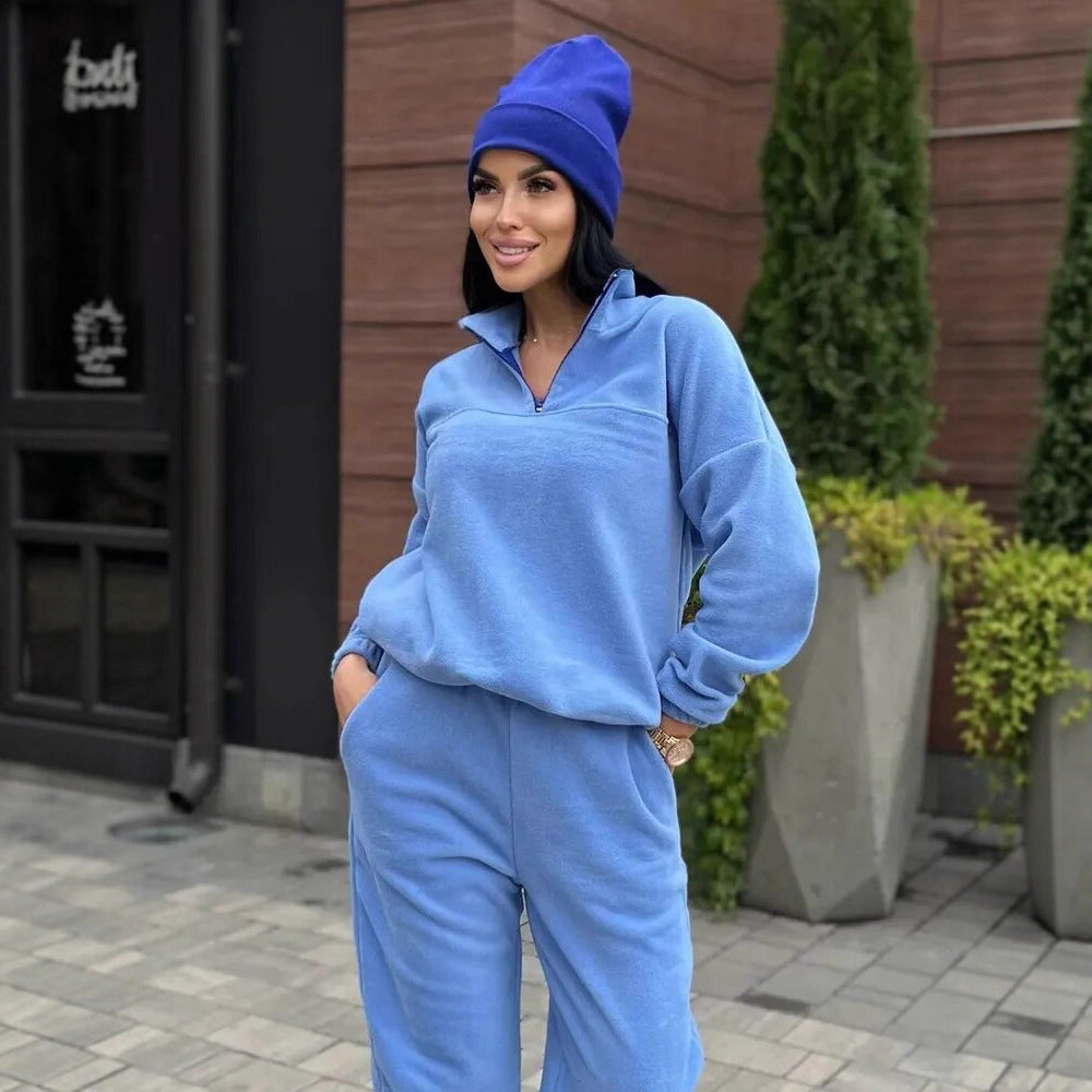 Damen Kuscheliges Fleece-Loungewear-Set mit Halb-Reißverschluss und elastischem Bund Drune