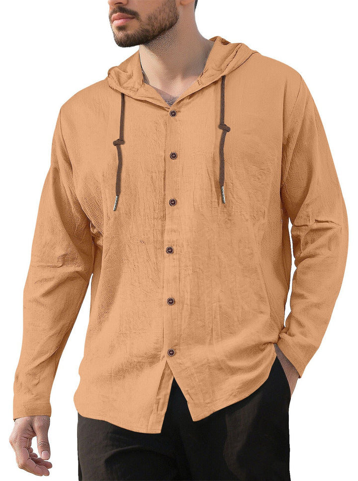 Herren nan Kapuzenhemd im Leinen-Look mit durchgehender Knopfleiste und Kordelzug Drune