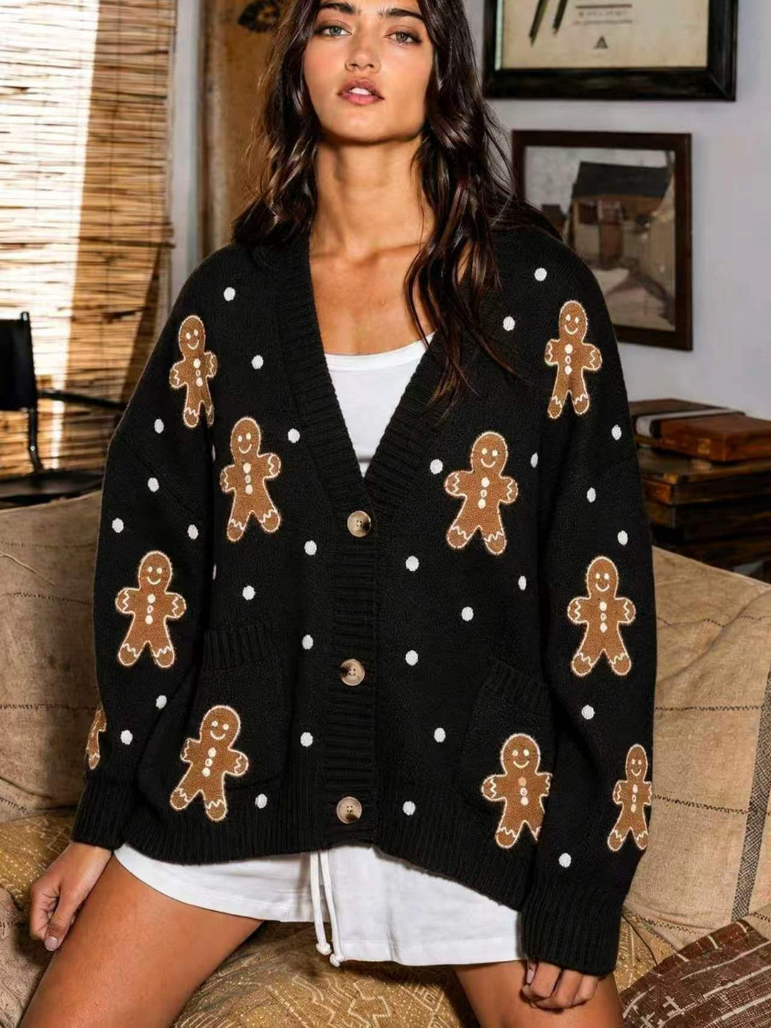 Damen nan oversized Strickcardigan mit Lebkuchenstickerei und tiefem V-Ausschnitt Drune