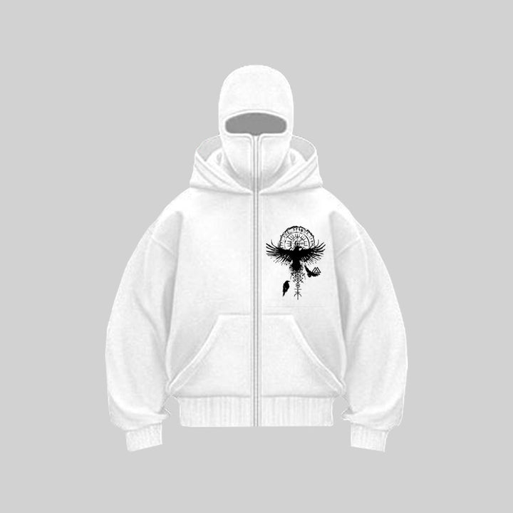 Damen Kapuzenjacke mit einzigartigem Tribal-Druck und hohem Kragen Drune