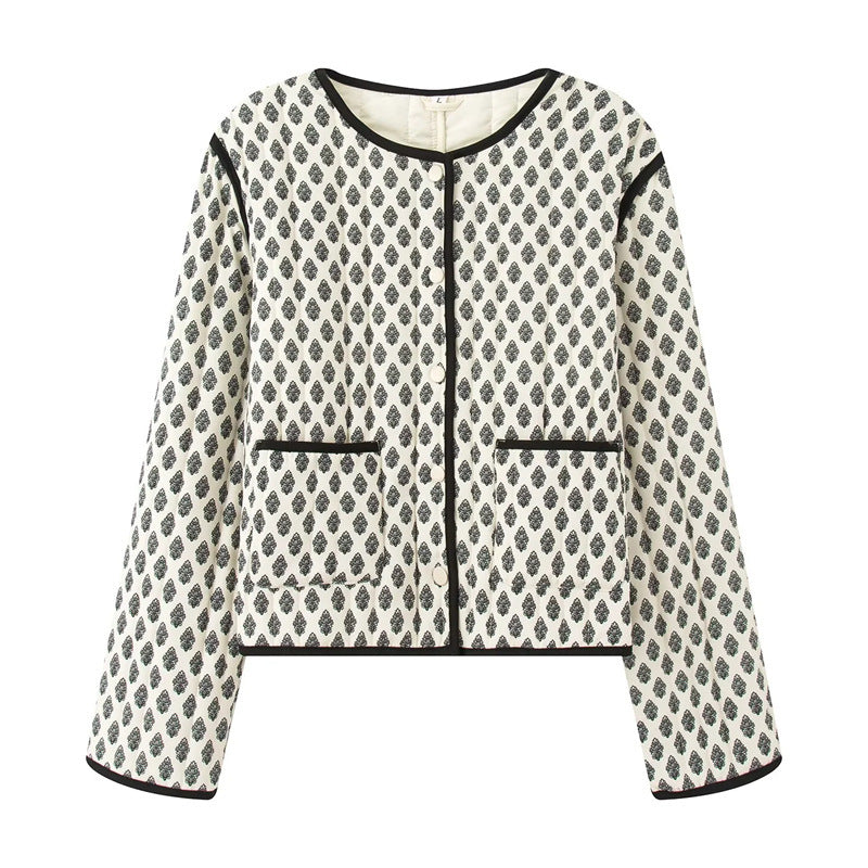 Damen gesteppte Jacke mit dekorativen Taschen und modernem Print Drune
