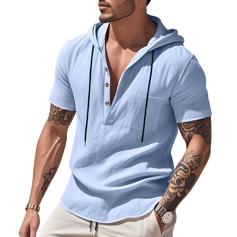 Herren Kurzarm-Henley-Hemd mit Kapuze und Knopfleiste Drune