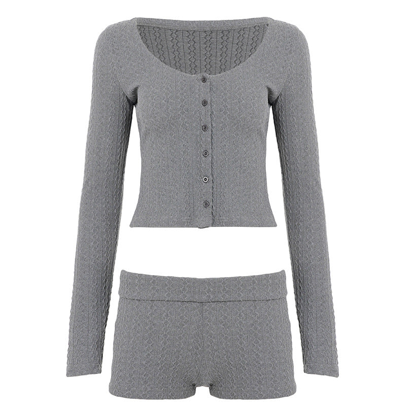 Damen nan geripptes Lounge-Set mit U-Ausschnitt Cropped-Cardigan und Highwaist-Shorts Drune