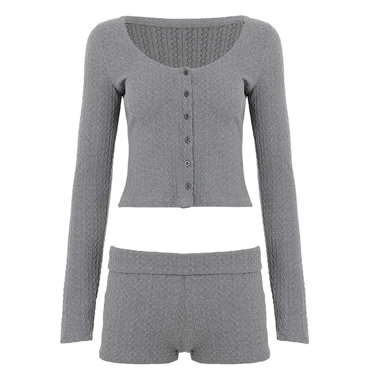 Damen nan geripptes Lounge-Set mit U-Ausschnitt Cropped-Cardigan und Highwaist-Shorts Drune