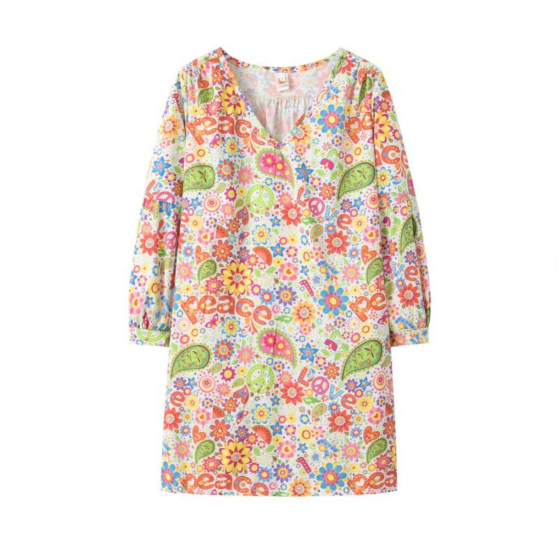 Damen Freizeitkleid mit buntem Blumenmuster und tiefem V-Ausschnitt Drune