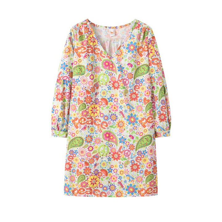 Damen Freizeitkleid mit buntem Blumenmuster und tiefem V-Ausschnitt Drune
