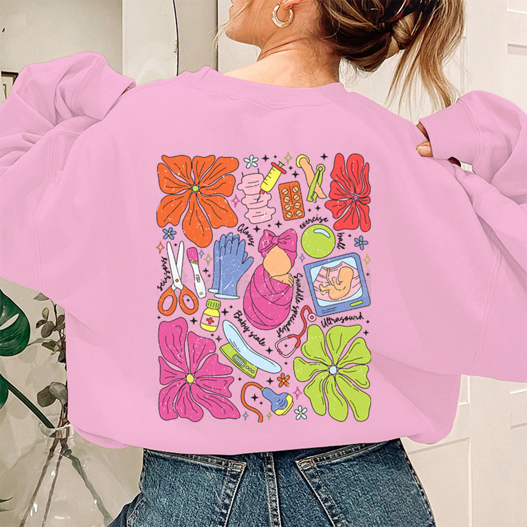 Damen Sweatshirt mit buntem Grafikdesign und originellem Pflege-Motiv Drune