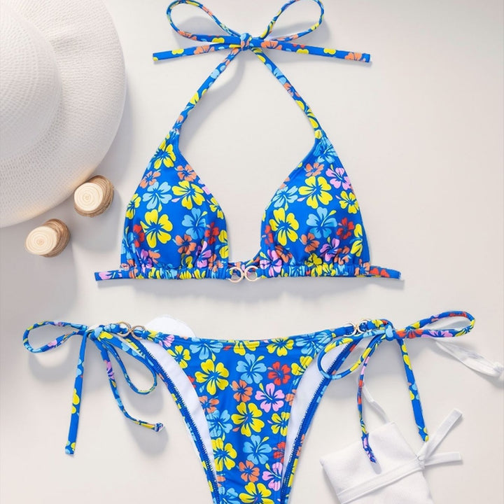 Damen Triangel-Bikini mit raffinierten Bindebändern und farbenfrohem Blumenmuster Drune