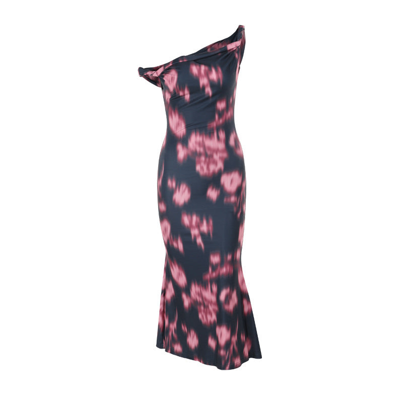 Damen figurbetontes Maxikleid mit asymmetrischem Design und einzigartigen Rüschendetails Drune