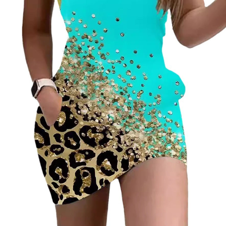 Damen Kurzarm Kleid mit Leopardenmuster und Strassverzierungen Drune