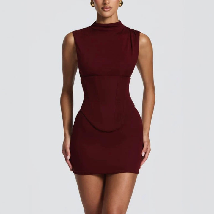 Damen Enganliegendes Stretch-Minikleid mit hohem Kragen Drune