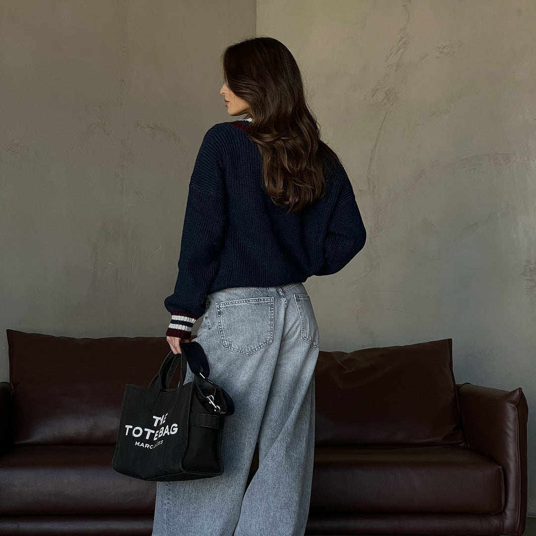 Damen lässiger Pullover mit V-Ausschnitt und Streifendetails Drune