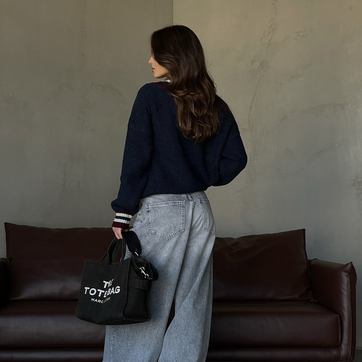 Damen lässiger Pullover mit V-Ausschnitt und Streifendetails Drune