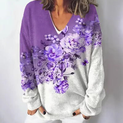 Damen V-Ausschnitt Pullover mit floralem Muster und lässigem Schnitt Drune