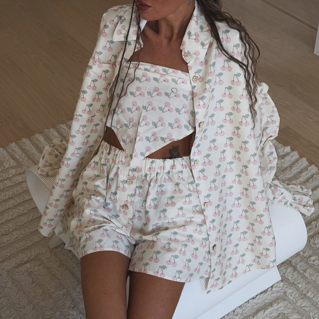 Damen Komfortables Pyjama-Set mit Kirschmuster Drune